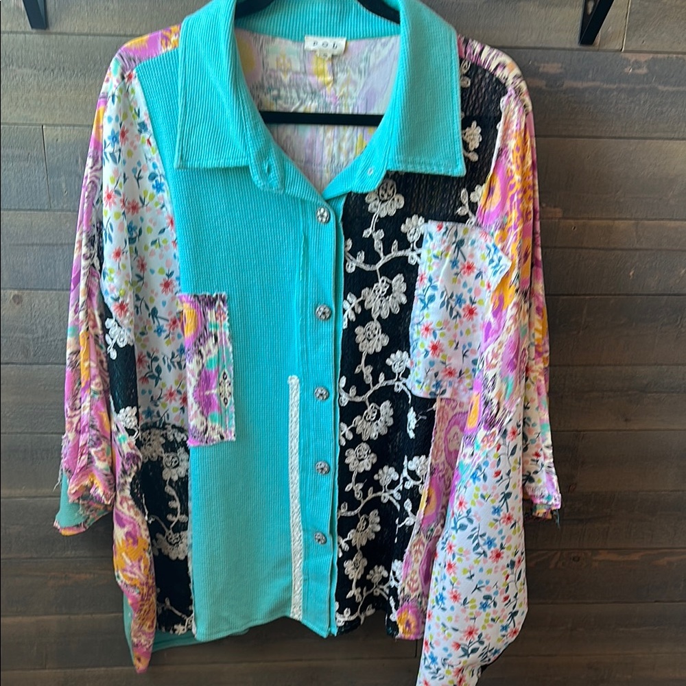 NWOT POL Oversized Turquoise and Pastel Button-Up Shirt